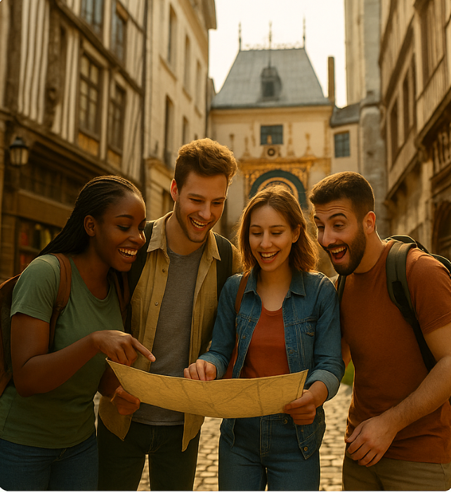 Groupe d'amis explorant Rouen avec une carte
