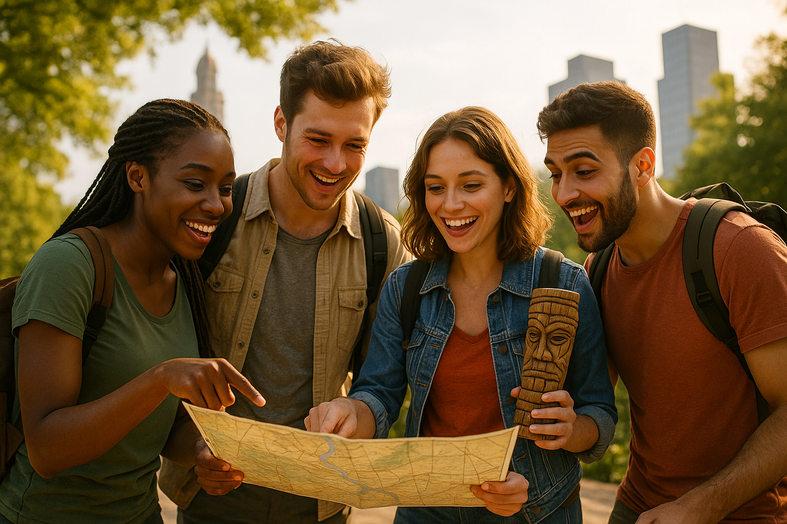 Équipe d’aventuriers en centre-ville relevant l’escape game Koh Lanta outdoor