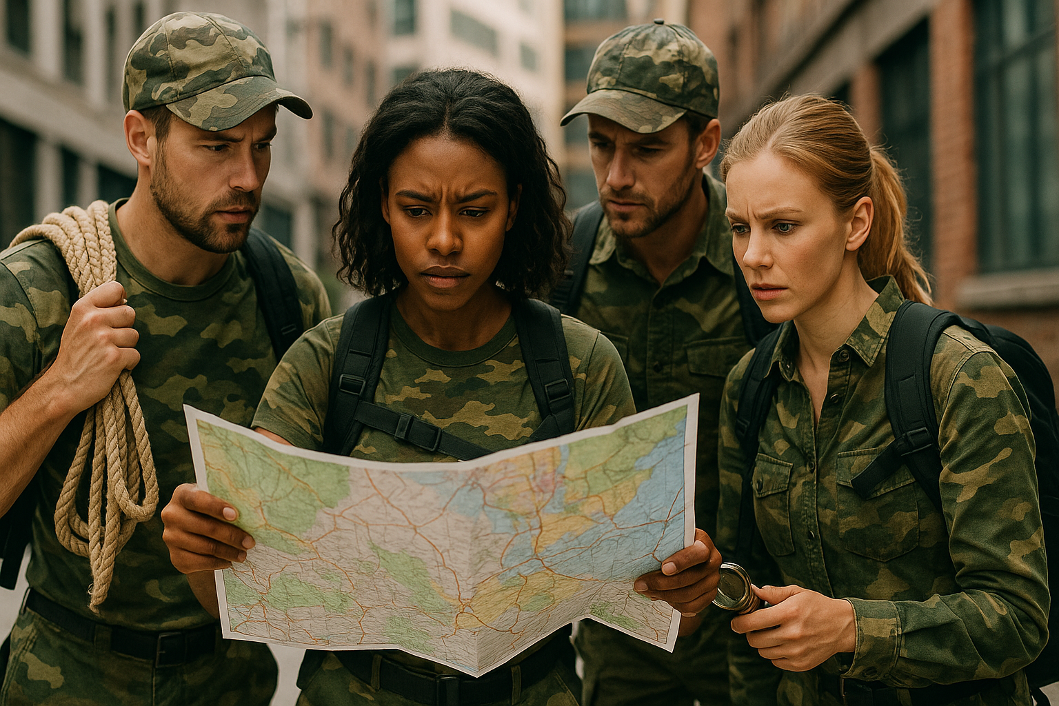Équipe corporate en pleine mission commando urbaine, carte et boussole à la main